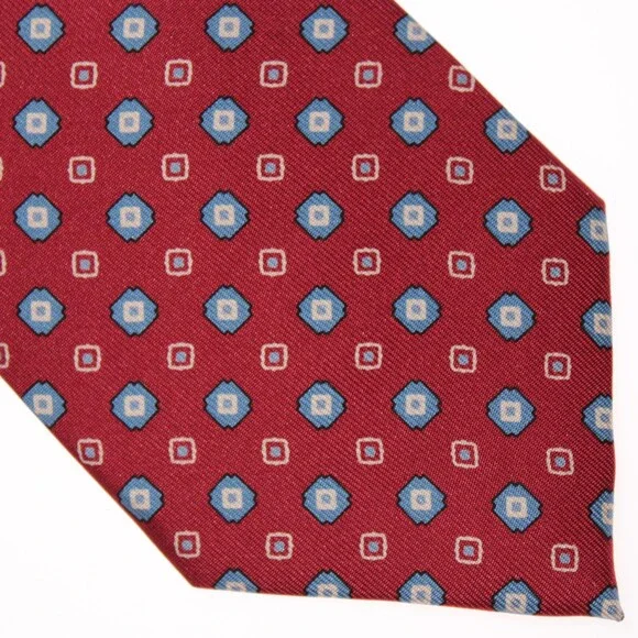 Drake's NWT Neck Tie in Red with Light Blue & White Geometric Pattern 100% Silk